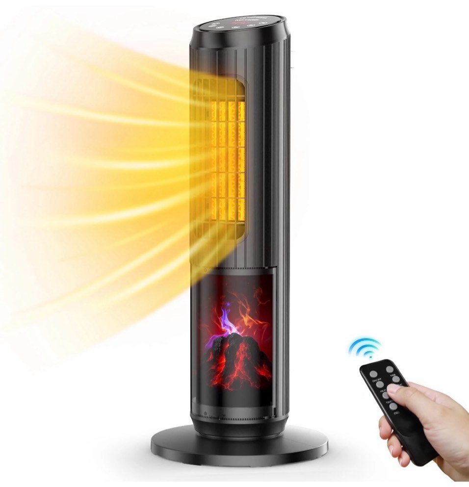 nftigb space heater, 1500w quiet oscillating ceramic heater for large room, ptc electric heater with realistic 3d flame effect, remote control, thermostat, for office, bedroom, indoor use