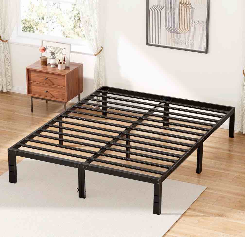 zunmos 14 inches queen bed frame, heavy duty metal platform with storage space under frame, no box spring needed queen size bed frame, black