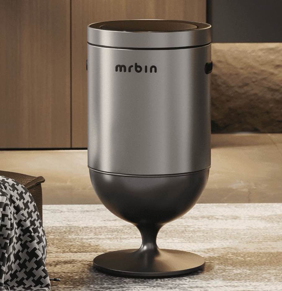 stainless steel motion sensor trash can with lid, 5.3 gallon wine glass shaped automatic waste basket touchless, smart round tall garbage with high leg for office, bedroom, kitchen, eclipse grey