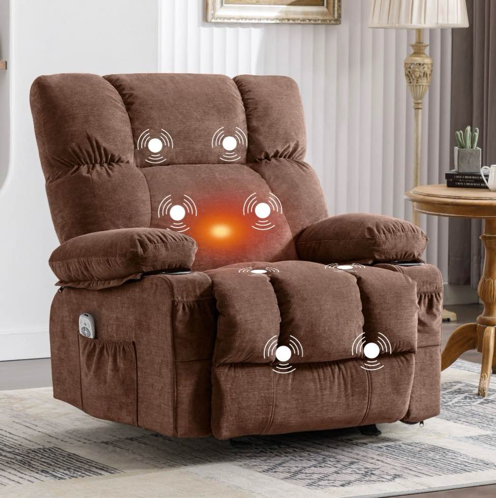 jonpony manual recliner chair with heat therapy and massage function, heavy duty reclining mechanism massage chair, elderly single rocker sofa with cup holders for bedroom home theater,brown