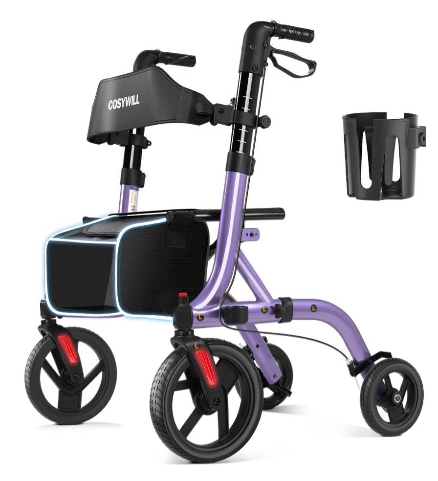 cosywill walker with seat,foldable rollator walker,10" wheels,height adjustable,removable back support, 300 lbs,purple