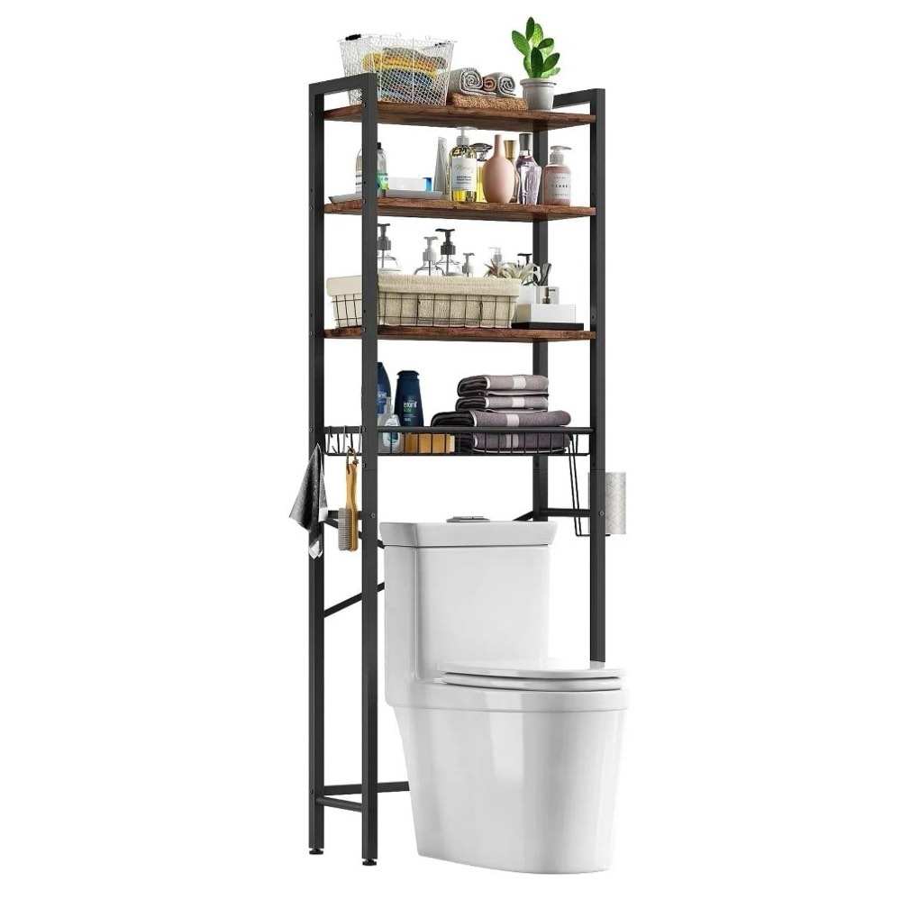 biemlerfn over the toilet storage shelf, 4-tier wooden bathroom organizer adjustable saver space rack with toilet paper holder, vintage brown