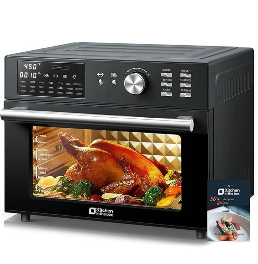 kitchen in the box 32qt digital air fryer toaster oven combo, 21-in-1 convection oven with rotisserie & dehydrate, family-size countertop oven with 6 accessories, 1800w, black