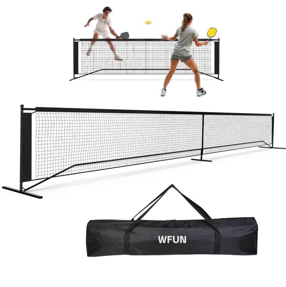 wfun 22ft portable pickle tennis ball net with carrying bag for kids adult outdoor driveway backyard
