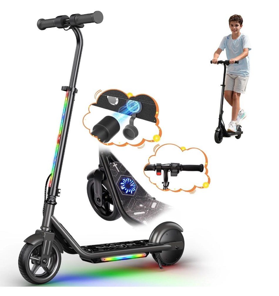 r2 pro 150w electric scooter for kid age 5-12, 3 speed gears max 10mph, magnetic charging, adjustable height, 3 color pedal lights, black