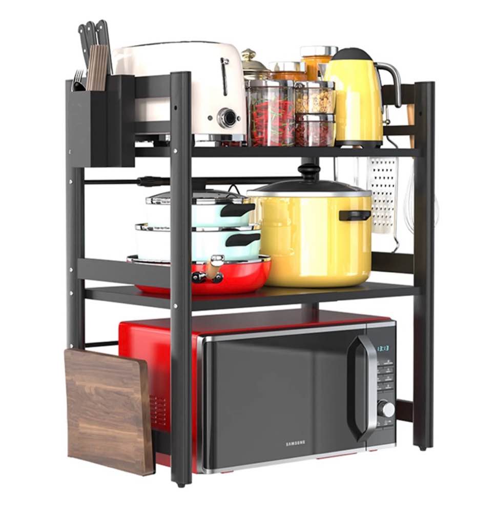 stusgo extendable microwave shelf  adjustable toaster oven rack kitchen counter top organizer stand  3-tier with 6 hooks 110 lbs weight capacity  black