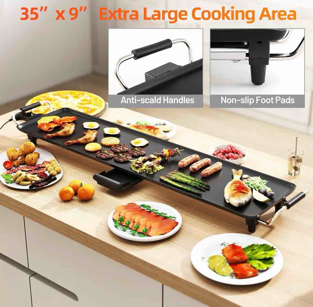 AORAN 35" Electric Griddle Teppanyaki Grill, Nonstick Extra Large Griddle Long Countertop Grill with Adjustable Temperature & Drip Tray, Easy-to-clean BBQ Pancake Griddle for Indoor & Outdoor Cooking