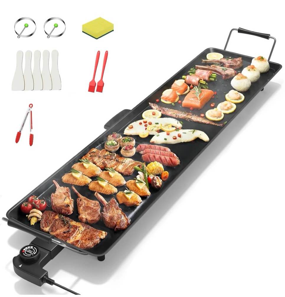 aoran 35" electric griddle teppanyaki grill, nonstick extra large griddle long countertop grill with adjustable temperature & drip tray, easy-to-clean bbq pancake griddle for indoor & outdoor cooking