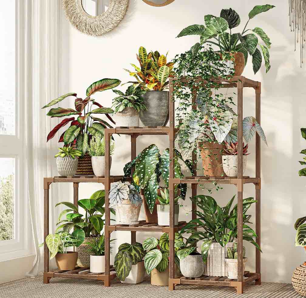 bamworld plant stand indoor plant shelf outdoor wood plant rack for multiple plants 3 tiers ladder plant holder for living room patio boho home decor for gardening