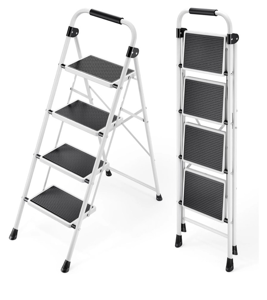 edx 4-step folding step stool for adults - 330 lbs capacity, sturdy steel frame, wide non-slip pedal & top handrail, lightweight portable ladder for home kitchen, black