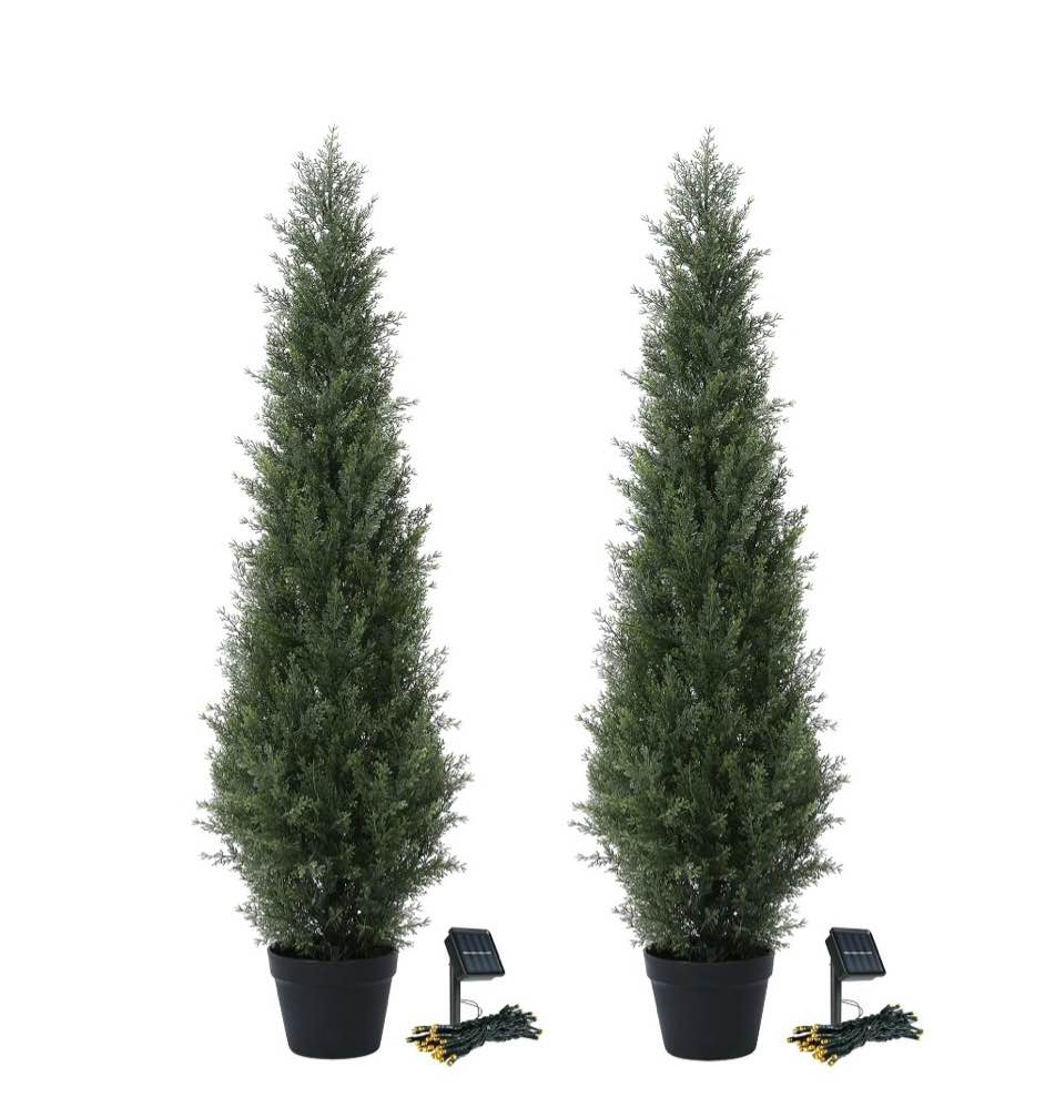 2 pack 4ft artificial cedar topiary trees for outdoors, fake cypress plants with solar light string, faux uv resistant plants for home front porch decor, housewarming gift