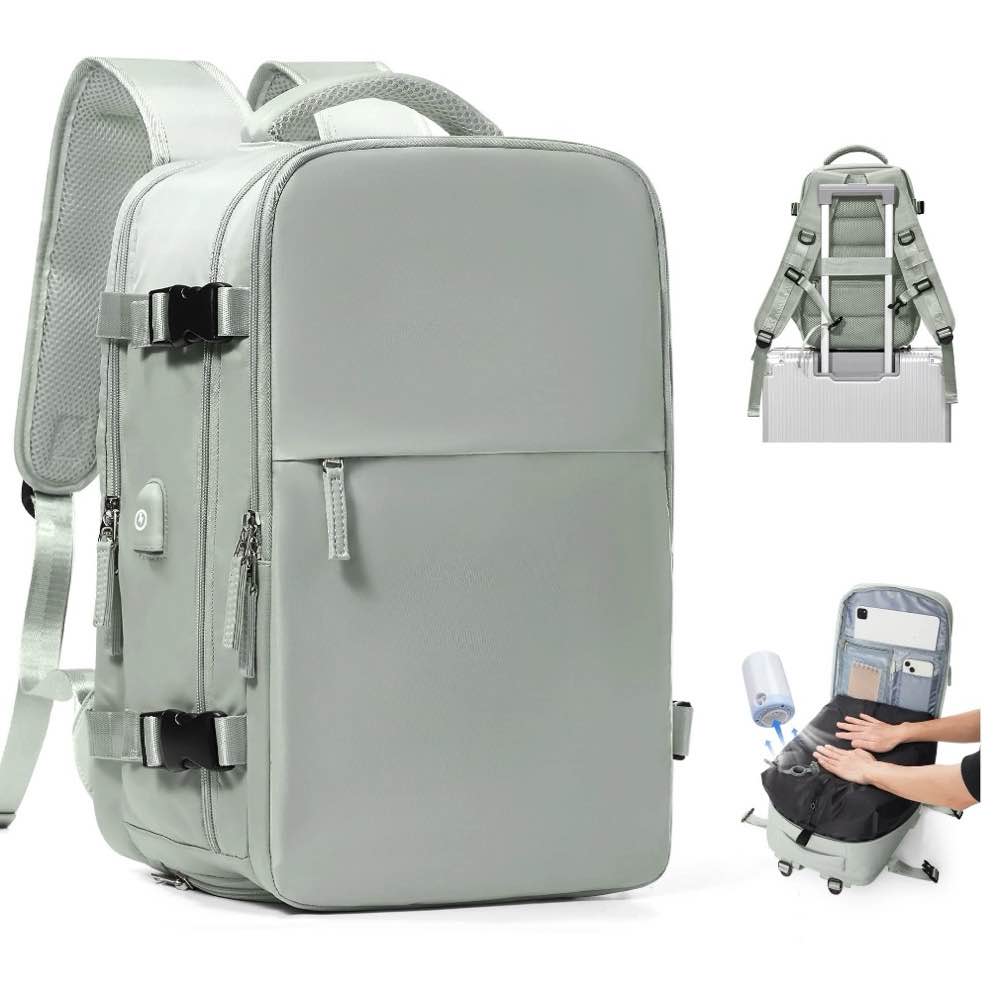 travel airback backpack with vacuum compression, waterproof travel backpacks with air pump, large 18×14×8 inch personal item bag united airlines approved, vacuum seal backpack gray green