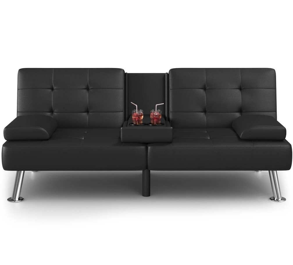 homall futon sofa bed faux leather couch modern convertible folding recliner with 2 cup holders