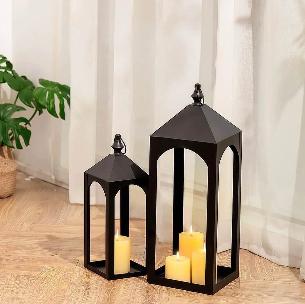 nuptio tall black lanterns decorative indoor for pillar candle holder   indoor outdoor lanterns for porch & patio  17  & 23  set of 2  no glass m+l (new)
