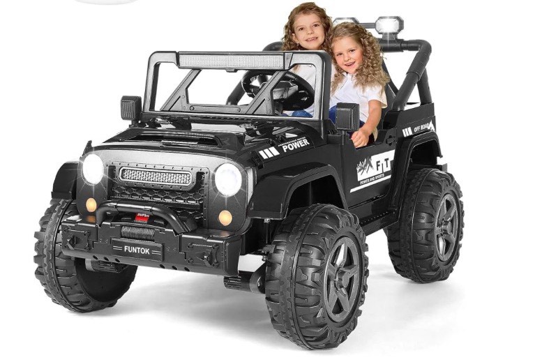 funtok 24v 2 seater kids ride on toys w/ 20 large seat 4 x 200w motor 2wd/4wd switchable ride on truck 3 speeds w/ remote control/led lights/musi black