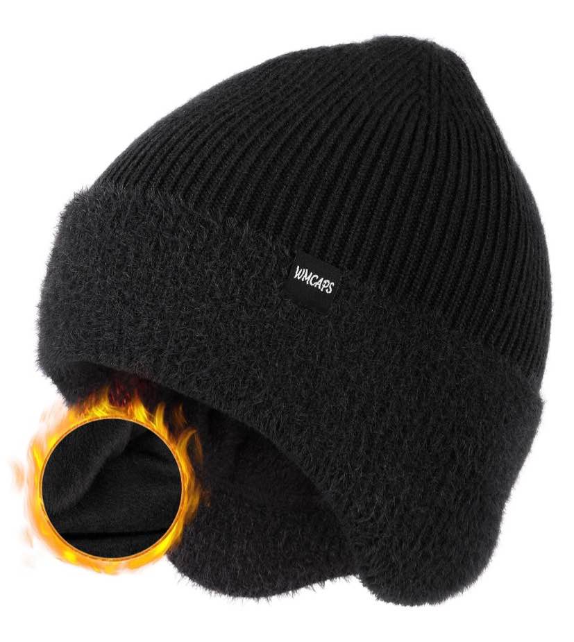 wmcaps winter fleece line beanie hats with earflap for men women  outdoor warm thermal knitted stocking caps(black)