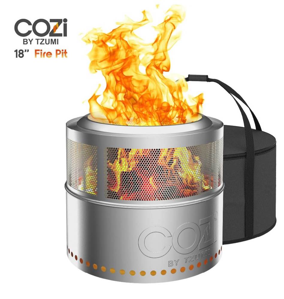 cozi by tzumi smokeless fire pit stainless steel portable fire pit with carry bag, 18”
