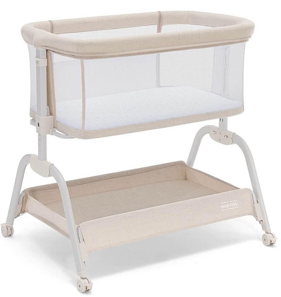 harppa baby bassinet, 6 height adjustable baby bassinet with storage & wheels for infants, beige