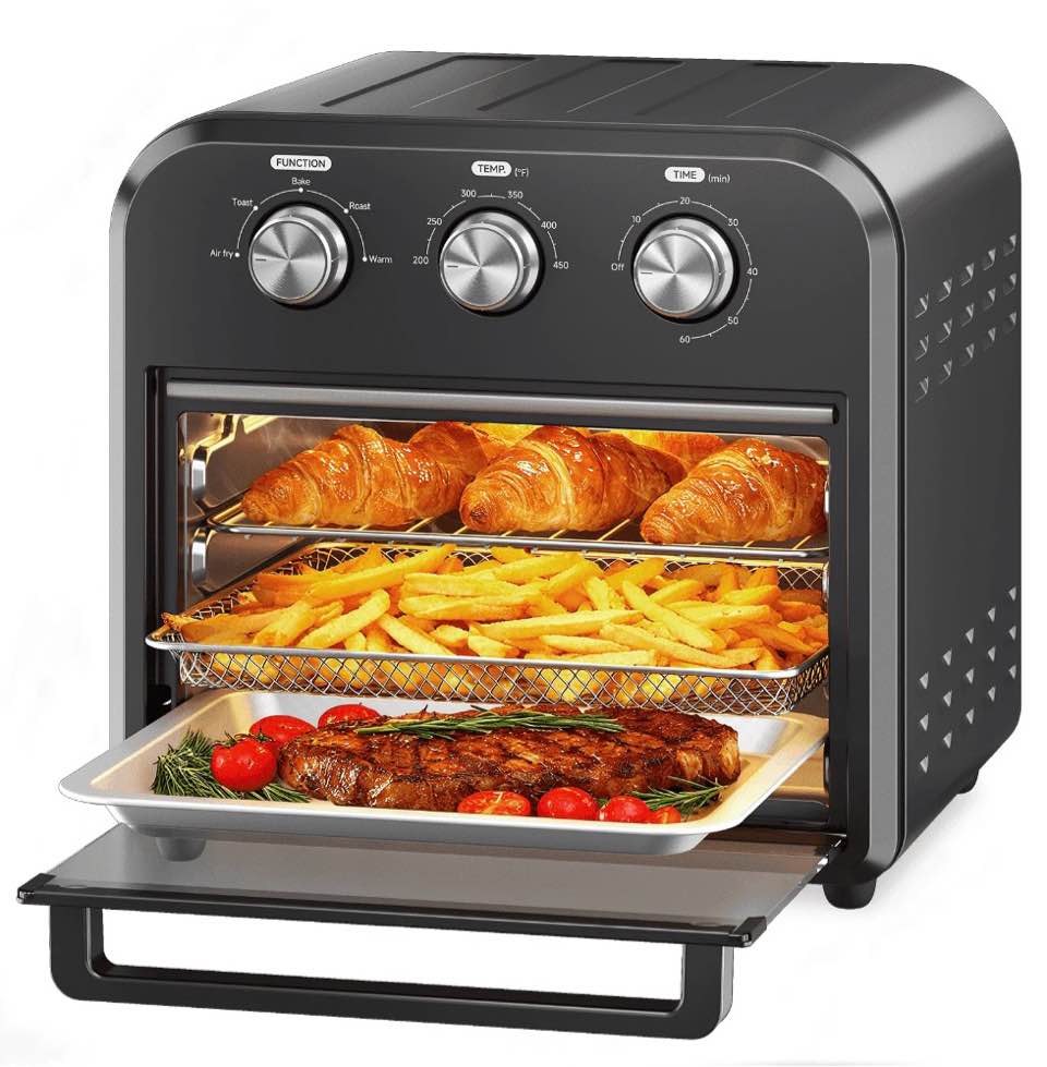 toaster oven air fryer combo, 1300w 5 in 1 convection oven countertop, air fry, toast, bake, roast and warm options, 15qt capacity, easy to clean