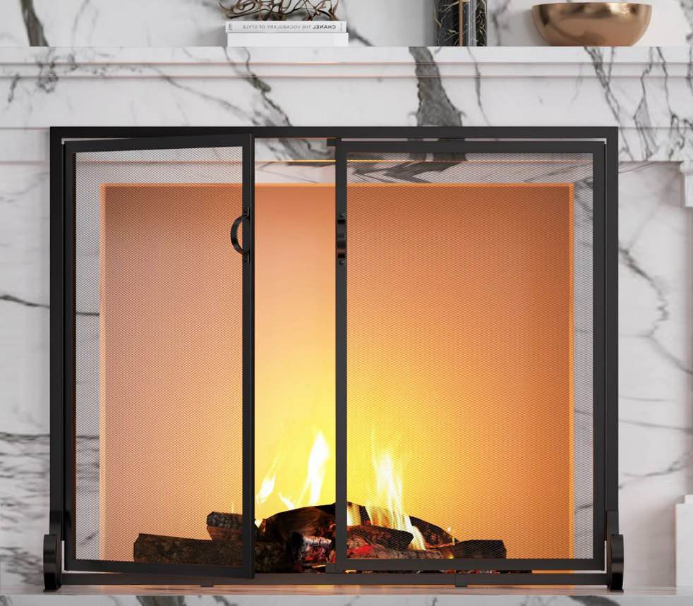 fire beauty fireplace screen with hinged doors, powder coated steel frame, metal mesh, handcrafted solid steel,decorative design