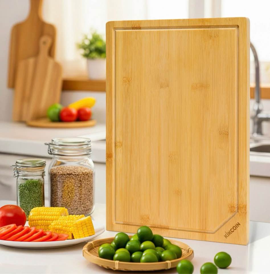 kikcoin bamboo cutting boards for kitchen  extra large wood chopping board with deep juice groove and inner handle  3xl  24  x 18