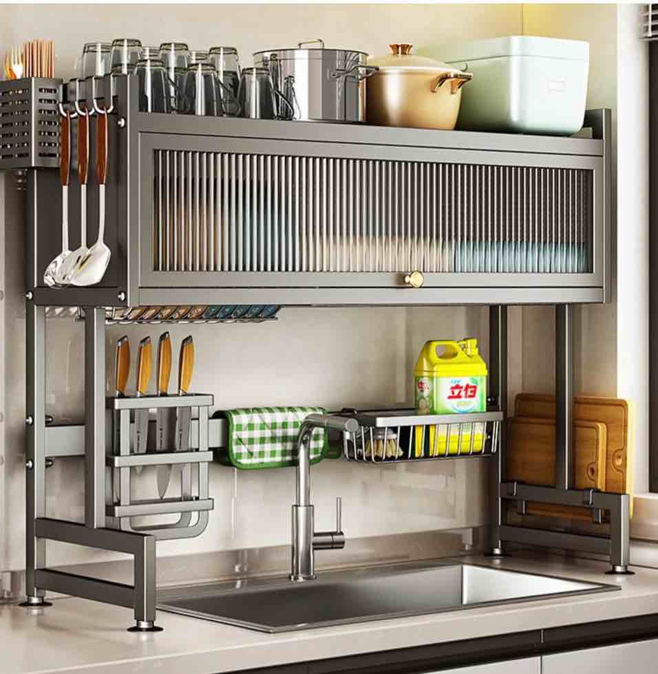 dish drying rack large stainless steel over the sink 2 tier dish rack with cover for kitchen (black large 33.5 length)