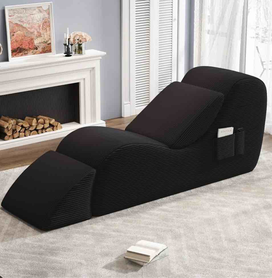 yoga curve chair, corduroy yoga chaise lounge chair for adults, with lumbar pillow, side pocket, ottoman, modern yoga couch for stretching and relaxation, black