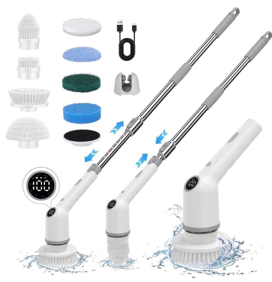 szrsth electric spin scrubber, 450rpm cordless power scrubber with adjustable handle 8 heads shower cleaning brush for bathroom floor