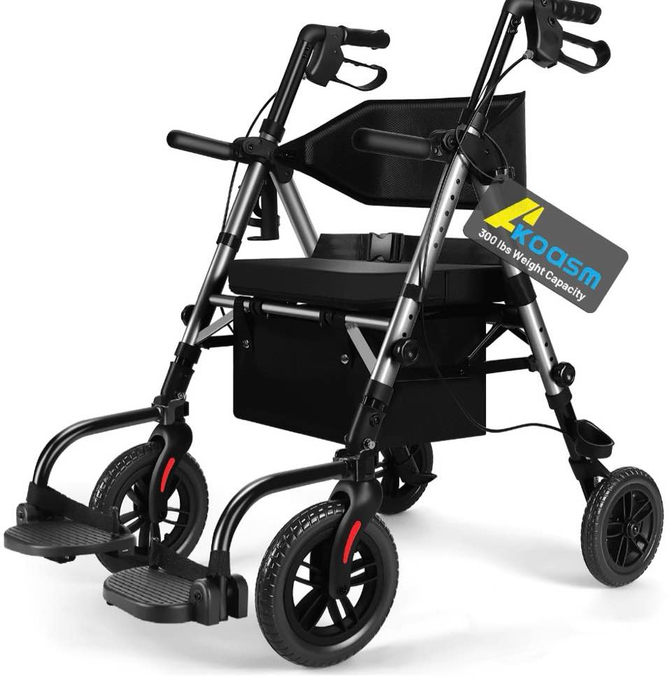 foldable rollator walker for seniors with seat, lightweight 2 in 1 rolling walkers wheelchair combo for adult, transport chair with brakes, adjustable seat and handle, 300 lb. weight capacity