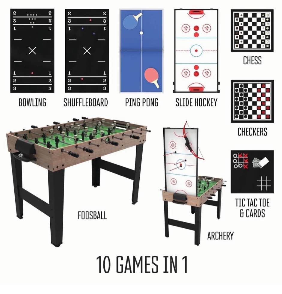 realplay tzumi 10-in-1 multi game table for arcade games with basketball, foosball, ping pong, and more
