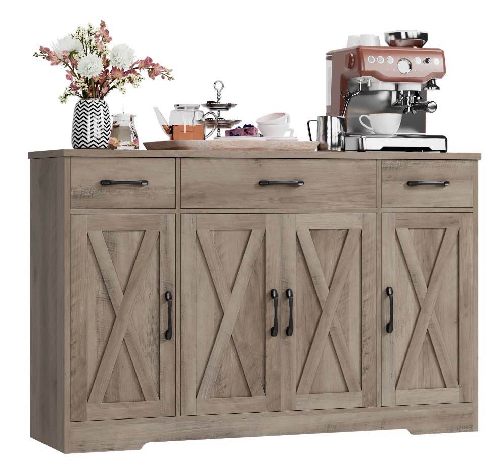 homfa buffet cabinet with 3 drawers and 4 doors, 55.1” w kitchen sideboard storage cabinet with adjustable shelves, farmhouse coffee bar cabinet for dining room, gray