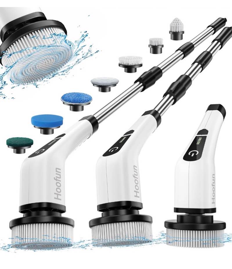 hoofun electric spin scrubber, cordless bath tub power scrubber with long handle & 7 replaceable heads, detachable as short handle, shower cleaning brush household tools for bathroom & tile floor