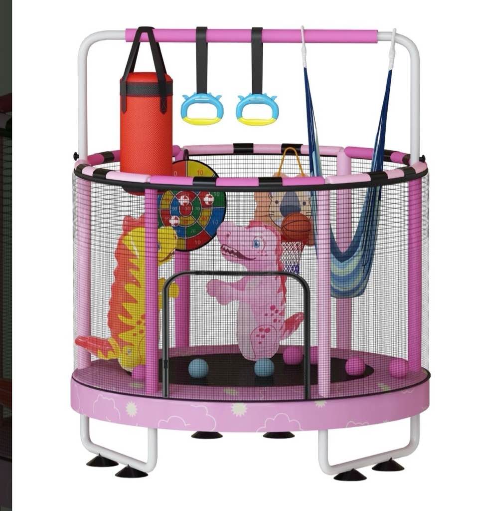 baxluxe 55" 7-in-1 upgraded kids trampoline, reinforced safe design with adjustable height & net, 500lbs capacity indoor and outdoor mini trampoline for boys & girls ages 3-8, pink cloud