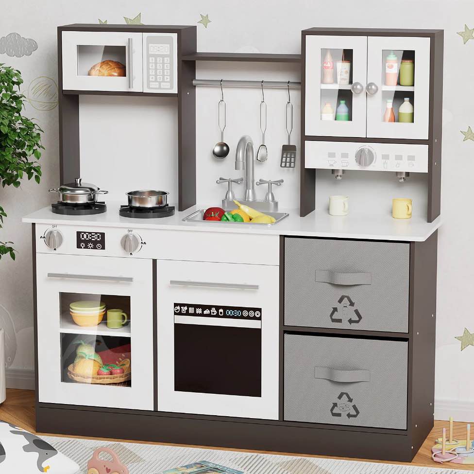 arlopu kids pretend play kitchen, wooden toy kitchen playset with real sound & light, gift for boys girls age 3+ brown