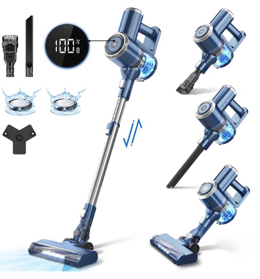 prettycare cordless stick vacuum cleaner, 2600mah 6-in-1 lightweight upright for carpet hard floor pet hair w200 upgraded