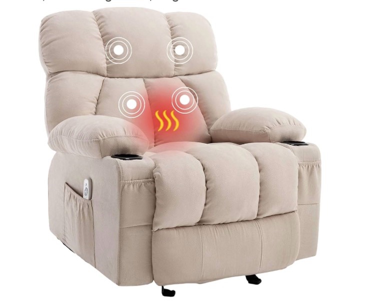massage rocker recliner chair with heat and vibration ergonomic rocking lounge chair for living room comfy overstuffed recliner with 4 side pockets,2 cup holders, usb charge port,beige