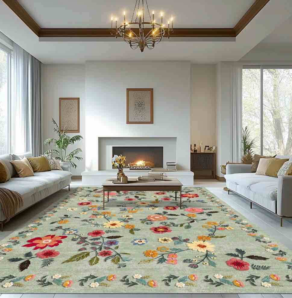Pentantan 5 x7 Floral Area Rugs Machine Washable Rug for Living Room- Soft Indoor Carpet Low Pile for Bedroom Dining Room Playroom Office Green