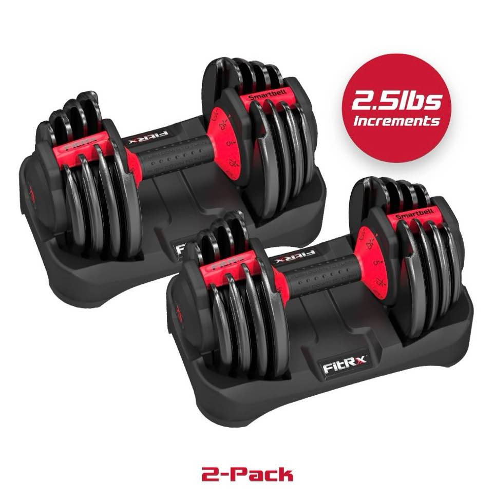 FitRx SmartBell 2-Pack  Two 25lbs. Quick-Select 9 in 1 Adjustable Dumbbell for Home Gym  5-25lbs. Weight in 2.5lbs Increments