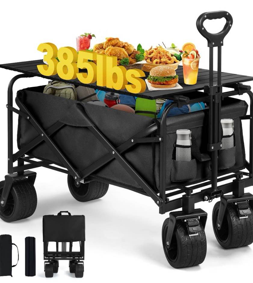Firstness Collapsible Wagon Cart with Tabletop, 385 lbs Heavy Duty Utility Garden Wagon for Camping, Beach, Picnic, Sports, Shopping & Grocery, Black