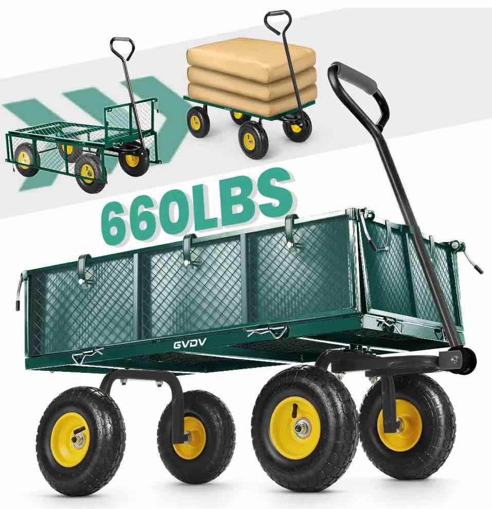 GVDV Heavy Duty Steel Garden Cart with Liner, 660lbs Capacity, 3 Cu ft, 10" All-Terrain Wheels, Black/Green – Durable Utility Cart for Yard Work, Hauling, and Outdoor Use
