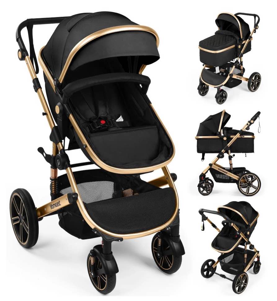 Vomeast Baby Stroller, Foldable Aluminum Alloy Stroller with Reversible, Travel Stroller for Newborn Infant, Black