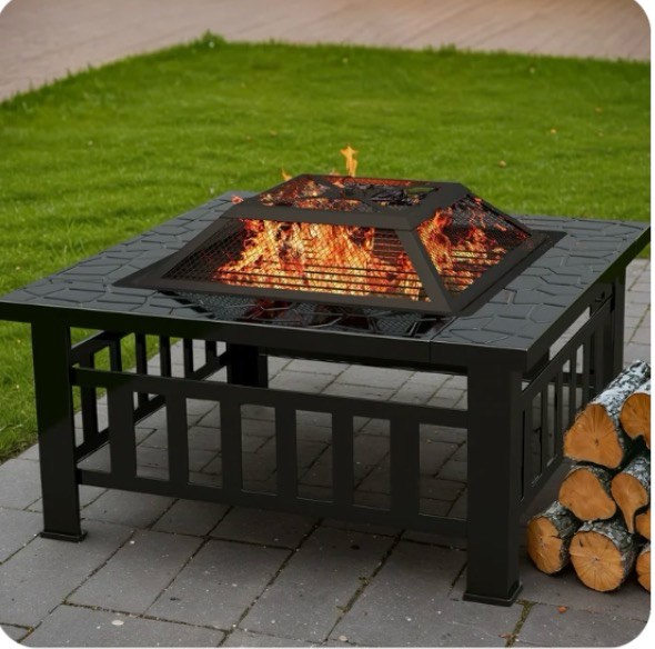 Condition photo showing New/Like New for Lacoo 32" Patio Square Fire Pit Table for Patio Backyard BBQ, Ice Storage with Mesh Lid, Poker and Cover, Black