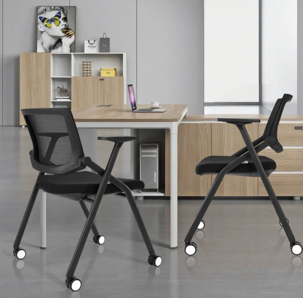 Condition photo showing New/Like New for 2 Pack Folding Office Chair Stackable Conference Room Chairs with Wheels and Padded Mesh Back Ergonomic for Reception Meeting