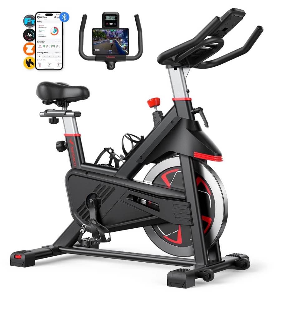 MERACH Exercise Bike Indoor Stationary Cycling Bike with 350lbs Weight Capacity 100 Resistance with LED Monitor Free APP Silent Belt Drive and Comfortable Seat Cushion for Cardio Workout