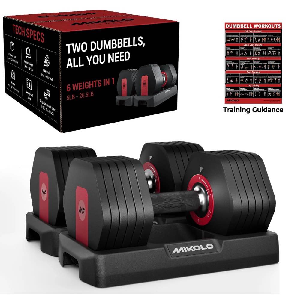 Mikolo 53LB(26.5LB*2) Adjustable Dumbbells Set of 2, 1-Sec Adjustable Weights Dumbbells Set, 5LB - 26.5LB 6 in 1 Free Dumbbell with Anti-Slip Texture Handle, Weight Set For Home Gym