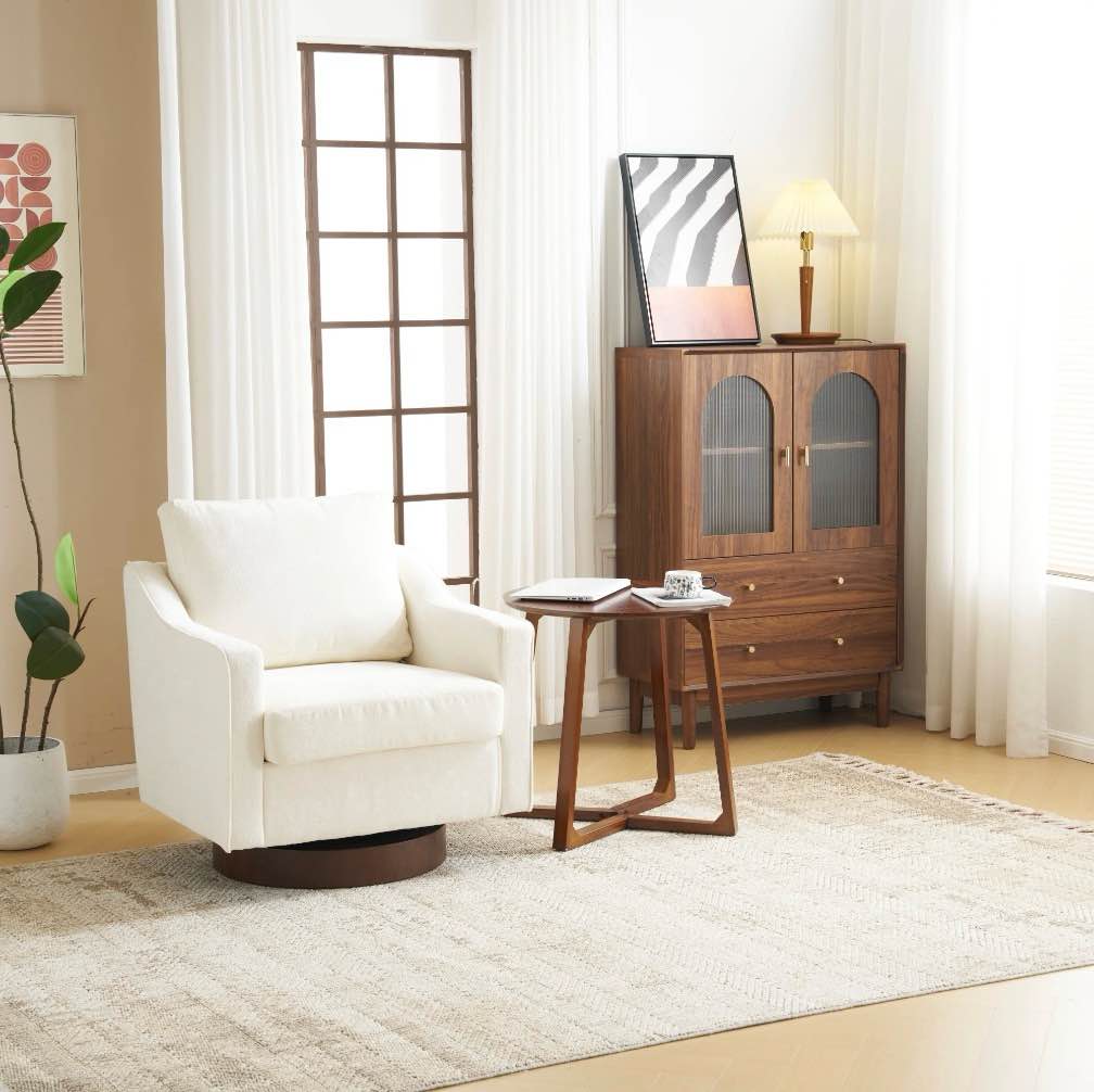 Condition photo showing New/Like New for Ktaxon 360° Swivel Accent Chair Soft Chenille Fabric Arm Chair High Resilience Cushion Ideal for Living Room Bedroom Furniture Off White