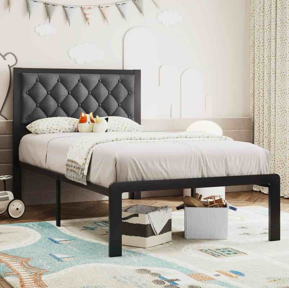 Lifezone Bed Frame with Linen Upholstered Headboard, Twin, Metal Support, No Box Spring Needed, Noise Free, Under Bed Storage, Easy Assembly, Grey