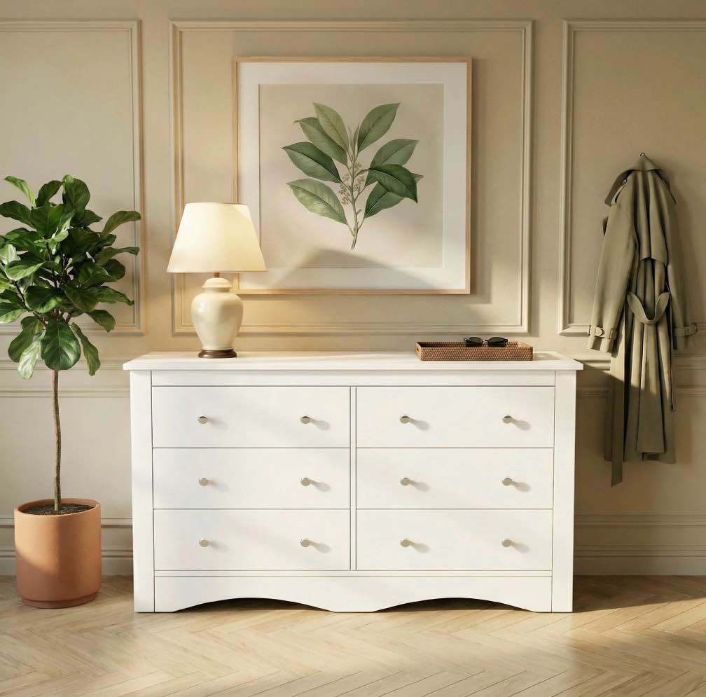 Condition photo showing New/Like New for Homall 52‘’ Wide 6 Drawer Dresser for Bedroom, Modern Wood Chest of Drawers with Smooth-gliding Drawers, Storage Organizer for Bedroom Living Room, White