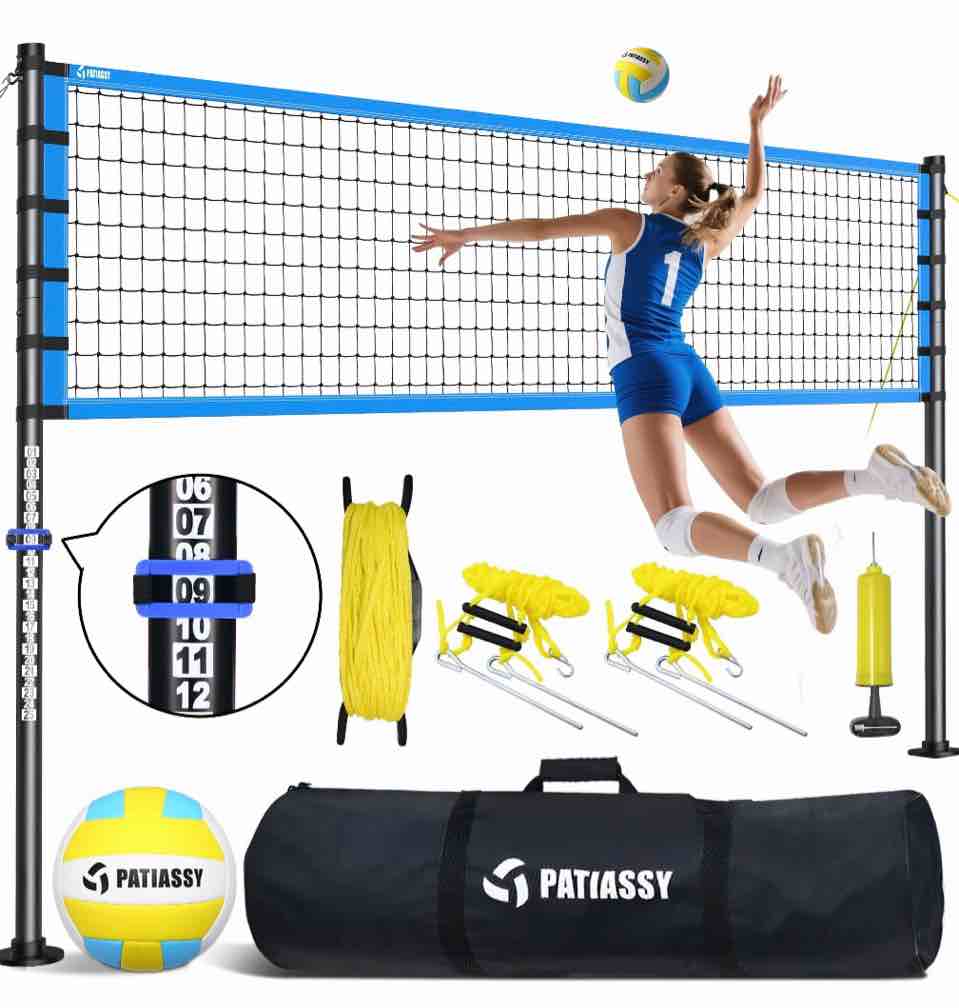 Patiassy 32FT Outdoor Portable Volleyball Net Set System for Backyard - Quick & Easy Setup Adjustable Height Steel Poles  PU Volleyball  Pump and Carrying Bag