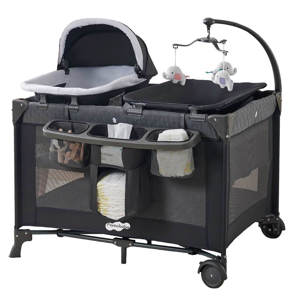 Pamo Babe 4-in-1 Baby Playard with Bassinet & Changing Table for Newborn,Grey